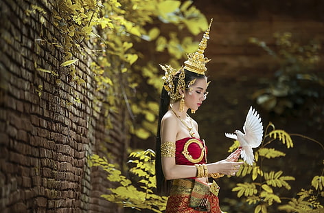Women, Asian, Dove, Girl, National Dress, Thai, HD wallpaper HD wallpaper