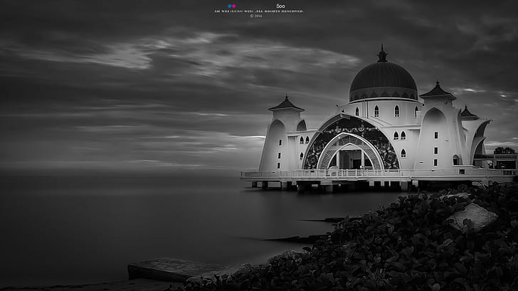 grayscale photography of Maiden's Tower, Malacca Straits Mosque, grayscale, photography, Maiden's Tower, Masjid, Selat, Melaka, Sunset, Sunsets, Wei, Lung, Long Exposure, Landscape, Nikon D7000, Stop, ND Filter, Tokina, 16mm, f2.8, Black And White, Monochrome, 夕阳, 单色, church, religion, christianity, architecture, spirituality, famous Place, cross, HD wallpaper