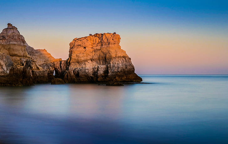 photo of body of water near cliff during golden hour, good night, kiss, sun, photo, body of water, cliff, golden hour, portugal, algarve, beach, sunset, ocean, sea, nature, rock - Object, coastline, landscape, scenics, sky, blue, summer, HD wallpaper