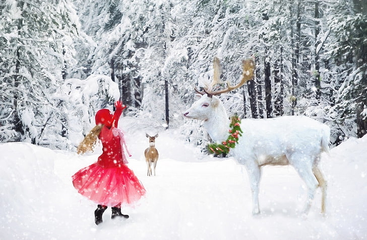 Happy Winter Holidays, Holidays, Christmas, Magic, Girl, Beautiful, Winter, Happy, White, Trees, Forest, Children, Amazing, Contrast, Deer, Reindeer, Snow, Snowy, Animals, Merry, Xmas, Outdoor, Snowflakes, December, Holiday, Wonderland, Tradition, Celebrate, happiness, child, Snowfall, pines, newyear, MerryChristmas, reddress, endoftheyear, firtrees, HD wallpaper