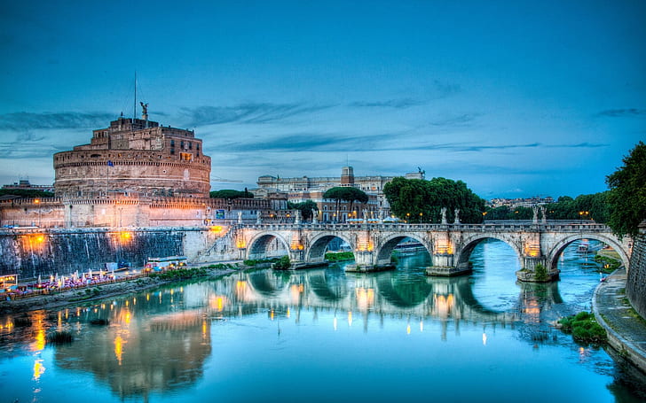 bridge, Italy, Rome, Sant' Angelo, Tiber river, The Castle Of St. Angel, HD wallpaper