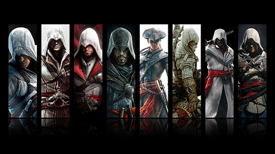 Assassin's Creed characters collage, assassins, Assassin's Creed, video games, Altaïr Ibn-La'Ahad, Ezio Auditore da Firenze, collage, HD wallpaper HD wallpaper