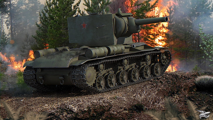 carro armato militare grigio, foresta, fuoco, fumo, potenza, carro armato, armatura, pesante, sovietico, KV-2, World of Tanks, Sfondo HD