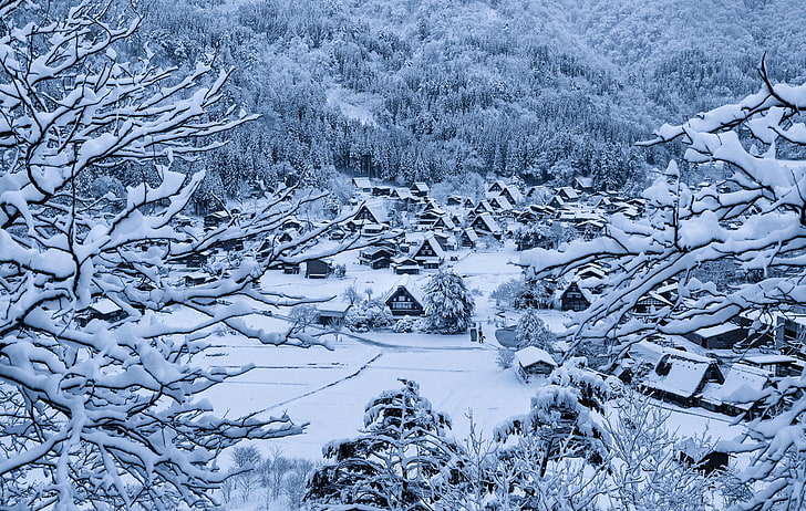 snötäckt by flygfoto, vinter, snö, hem, Japan, by, ön Honshu, Gokayama, Shirakawa-go, HD tapet