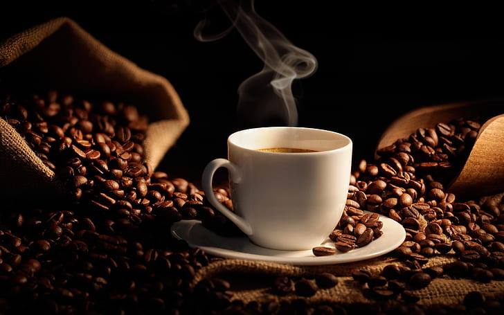 Grãos de café, copo quente, café, saco, café, feijões, quente, copo, saco, HD papel de parede