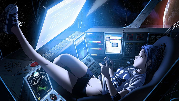 female animated character playing game illustration, fantasy art, panties, Game Babe, science fiction, controllers, video games, anime girls, futuristic, anime, HD wallpaper