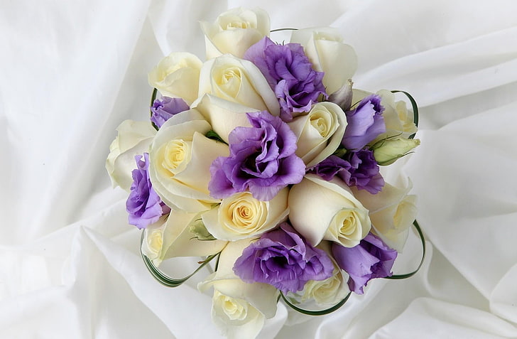 beige and purple artificial flowers, roses, lisianthus russell, flowers, bouquet, decoration, HD wallpaper