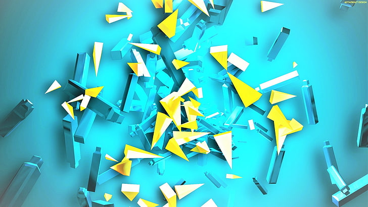 abstract, blue, yellow, shards, 3D, colorful, cyan, HD wallpaper