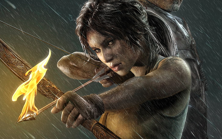 female anime wallpaper, Tomb Raider, Lara Croft, video games, artwork, Arrow, fire, bow, HD wallpaper