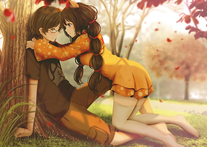 애니메이션 커플, 로맨스, 나무 아래, 가을, 귀여운, 애니메이션, HD 배경 화면