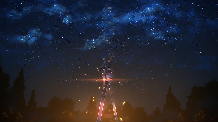 Sword Art Online, Anime, Night, Sky, Stars, Sword, Weapon, HD wallpaper