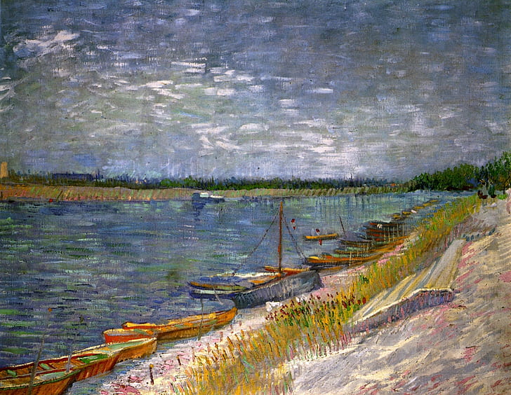 река, лодки, Винсент ван Гог, с гребни лодки, изглед към река, HD тапет