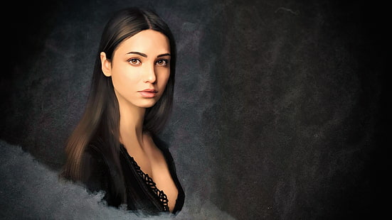 Mariya Volokh, mulheres, modelo, morena, retrato, arte de fantasia, fundo simples, HD papel de parede HD wallpaper