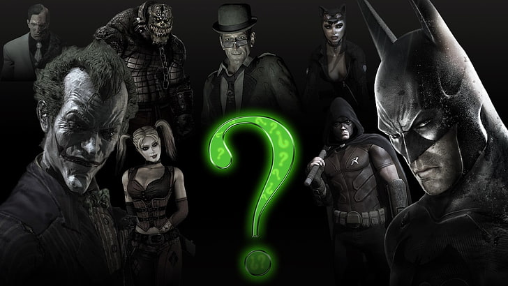 Plakat z postaciami DC, Batman, Joker, Harley Quinn, The Riddler, Killer Croc, Batman: Arkham City, Catwoman, Two-Face, gry wideo, Tapety HD