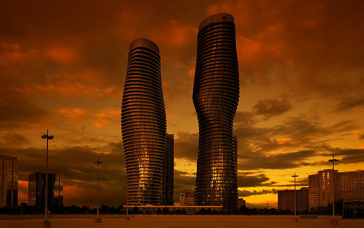 architettura, paesaggio urbano, città, grattacielo, nuvole, moderno, Ontario, Canada, sera, tramonto, edificio, piazza, lampione, riflesso, finestra, urbano, Mississauga, Sfondo HD