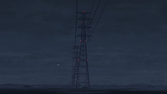 wieża transmisyjna, noc, linie energetyczne, słup energetyczny, anime, Tapety HD HD wallpaper