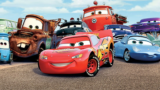 รถยนต์, รถยนต์, Flo (รถยนต์), Lightning McQueen, Mater (รถยนต์), Sally Carrera, นายอำเภอ (รถยนต์), วอลล์เปเปอร์ HD HD wallpaper