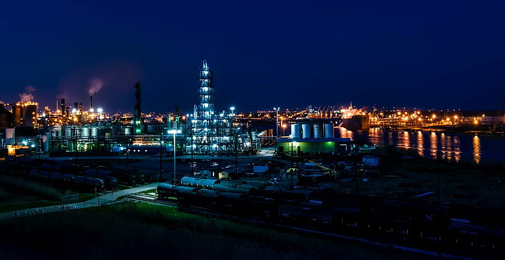 architecture, evening, factory, hdr, illuminated, industrial, industry, lighting, lights, night, oil, panorama, petrochemical, petroleum, port arthur, refinery, reflections, storage, texas, HD wallpaper