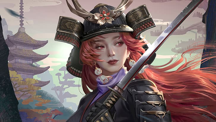 samurai, women, redhead, red eyes, warrior, katana, sword, helmet, armor, pagoda, fantasy art, artwork, fantasy girl, digital art, HD wallpaper