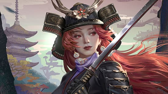 samurai, wanita, berambut merah, mata merah, prajurit, katana, pedang, helm, baju besi, pagoda, seni fantasi, karya seni, gadis fantasi, seni digital, Wallpaper HD HD wallpaper