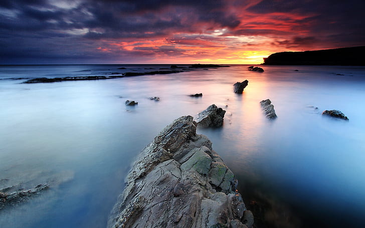 Sunrise, rocks, Collywell Bay, Northumberland, England, Sunrise, Rocks, Collywell, Bay, Northumberland, England, HD wallpaper