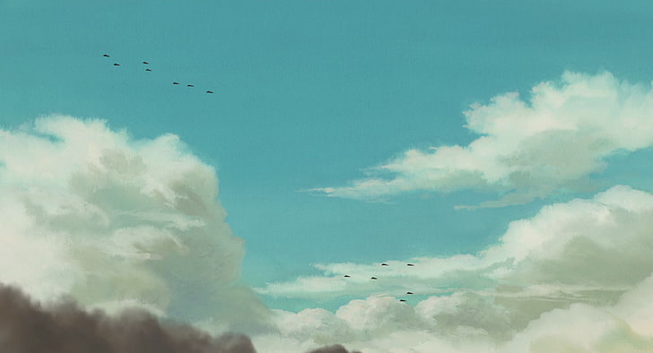 nuages ​​blancs avec oeuvre volante de petits oiseaux, Studio Ghibli, Hayao Miyazaki, Fond d'écran HD