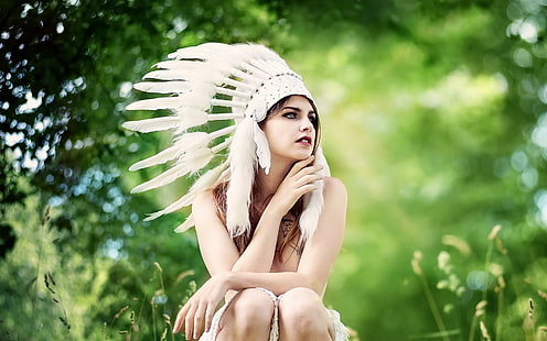 Indian style hat, feathers, girl, summer, women's white fur head dress, Indian, Style, Hat, Feathers, Girl, Summer, HD wallpaper HD wallpaper