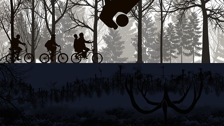 صورة ظلية لأربعة أشخاص يركبون دراجات خلفية رقمية ، أشياء غريبة ، Netflix ، تلفزيون ، دراجة ، 4K، خلفية HD