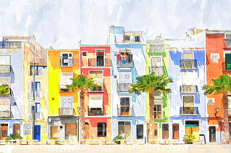 لوحة منازل متنوعة الألوان ، المدينة ، الشكل ، المنزل ، الألوان المائية، خلفية HD HD wallpaper