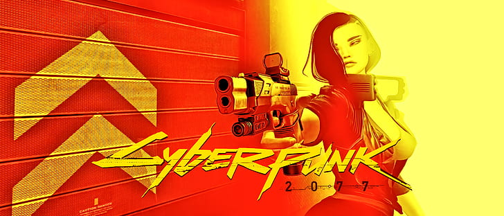 cyberpunk, Cyberpunk 2077, karakter video game, video game, merah, kuning, fiksi ilmiah, senjata, ultrawide, Wallpaper HD