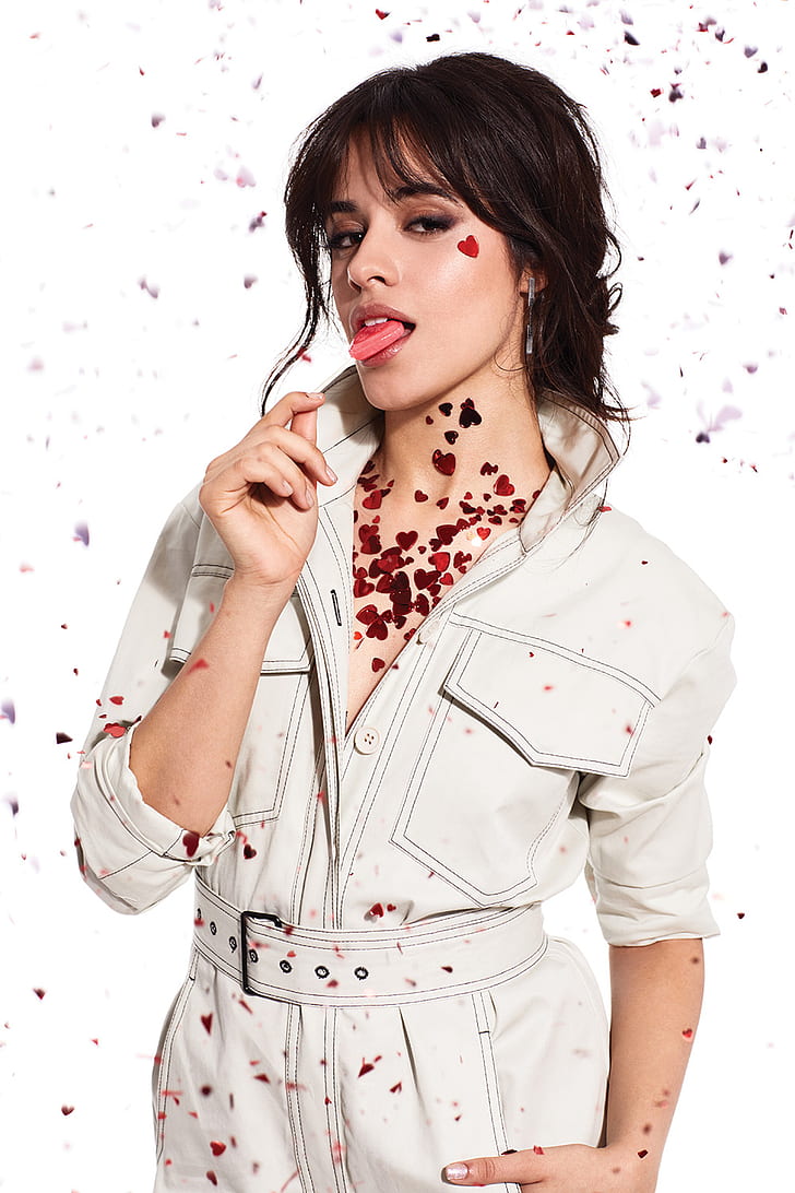 Camila Cabello, women, singer, brunette, simple background, looking at viewer, lollipop, HD wallpaper