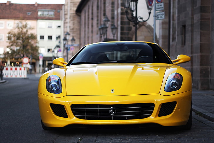yellow, the city, blur, Ferrari, Fiorano, supercar, GTB, 599, V12, bokeh, sportscar, Cut, HD wallpaper