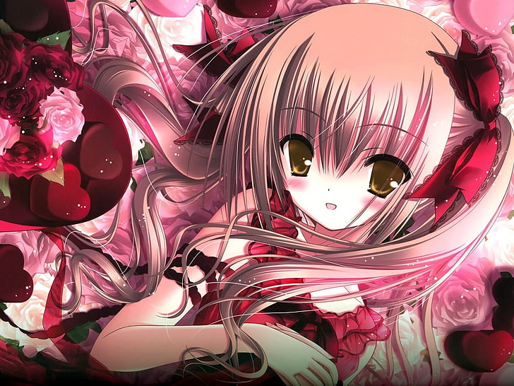 beige Animeillustration, Geklingelillustrationen, Mädchen, niedlich, Blumen, Herzen, HD-Hintergrundbild