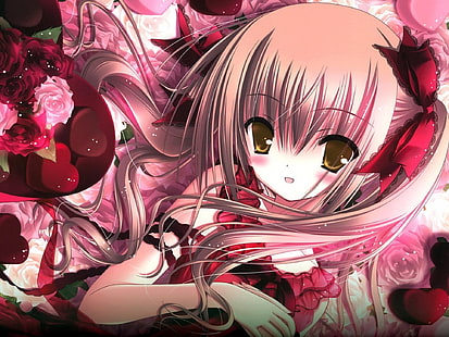 beige anime illustration, tinkle illustrations, girl, cute, flowers, hearts, HD wallpaper HD wallpaper