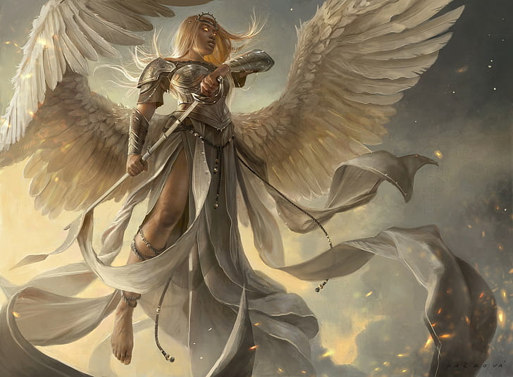 artwork, fantasy art, women, angel, blonde, wings, sword, armor, HD wallpaper