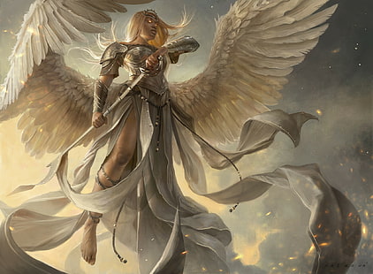  artwork, fantasy art, women, angel, blonde, wings, sword, armor, HD wallpaper HD wallpaper