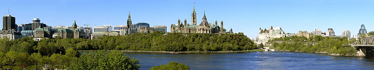 Canada, Cathedral, city, landscape, nature, North America, Ottawa, panorama, river, sky, Trees, water, HD wallpaper