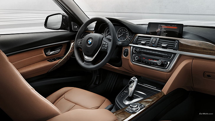 brown and black BMW vehicle interior, BMW 3, car, HD wallpaper
