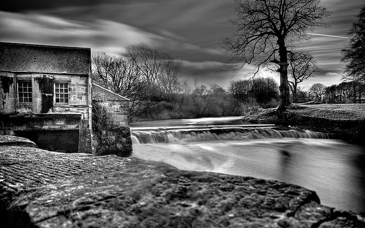 Lovely Falls On A River In Black White, river, black and white, stone, building, falls, nature and landscapes, HD wallpaper