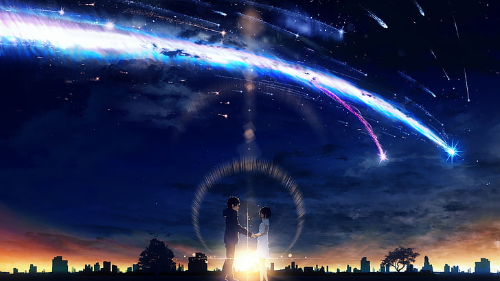 langit, awan, meteor, Kimi no Na Wa, anime, matahari terbenam, kota, karya seni, lukisan, gadis anime, anak laki-laki anime, cakrawala, Wallpaper HD