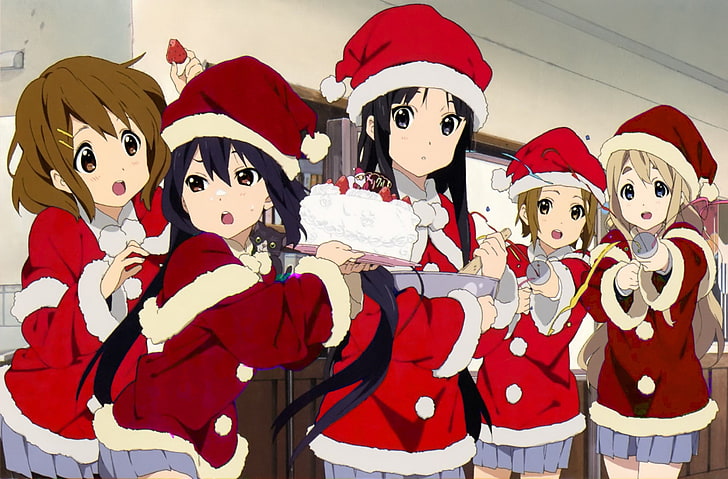 K-ON!, Nakano Azusa, Akiyama Mio, Tainaka Ritsu, Kotobuki Tsumugi, Hirasawa Yui, Christmas, anime, anime girls, HD wallpaper