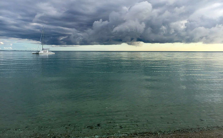 bay, calm waters, catamaran, clouds, dark clouds, mccrae, mornington peninsula, port phillip bay, stormy clouds, yacht, HD wallpaper