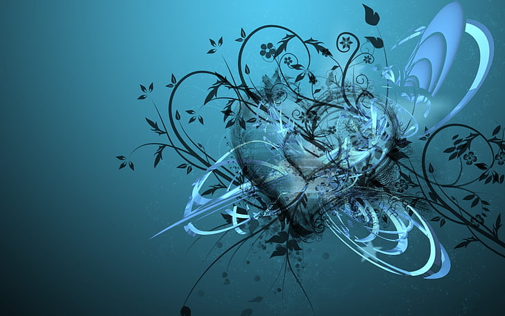 black and blue heart art illustration, patterns, background, lines, colors, HD wallpaper
