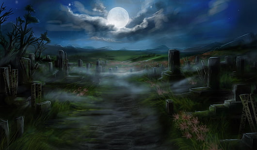 kyrkogård illustration, kyrkogård, gravstenar, fullmåne, väg, HD tapet HD wallpaper