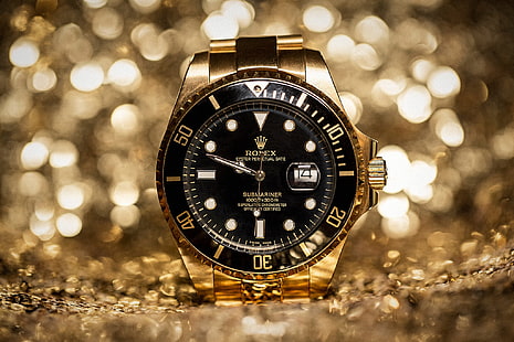 reloj analógico Rolex redondo de color dorado con banda de enlace, reloj, rolex, hora dorada, Fondo de pantalla HD HD wallpaper