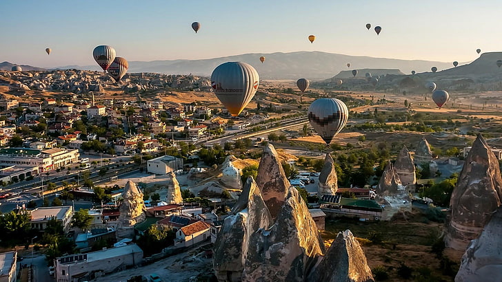 balon, miasto, domy, góra, europa, balon na ogrzane powietrze, turcja, Tapety HD
