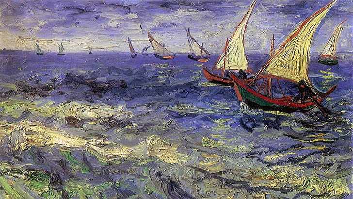 oeuvre, bateau, art classique, peinture, mer, Vincent Van Gogh, Fond d'écran HD