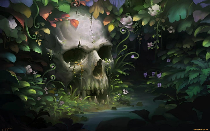 papel pintado gris del cráneo, arte de la fantasía, plantas, ilustraciones, cráneo, Fondo de pantalla HD