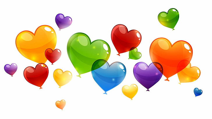 konst, ballonger, födelsedag, blå, färgade, färgglada, gröna, hjärtan, orange, lila, röd, textur, vektor, HD tapet