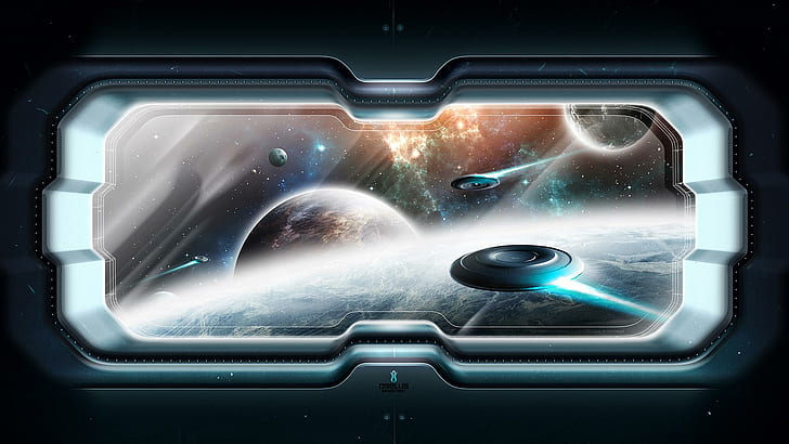 Fantasy Space Art, moons, planet, stars, nebula, ships, window, 3d and abstract, HD wallpaper